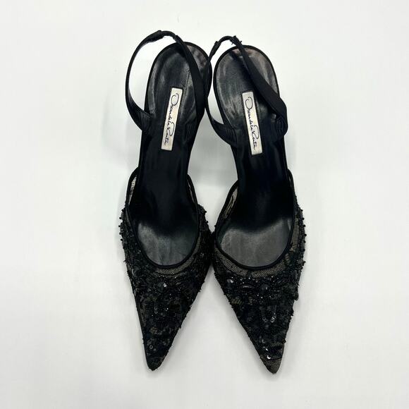 Oscar de la Renta Black Beaded Mesh Slingback Heels, Size 9 - Picture 8 of 10